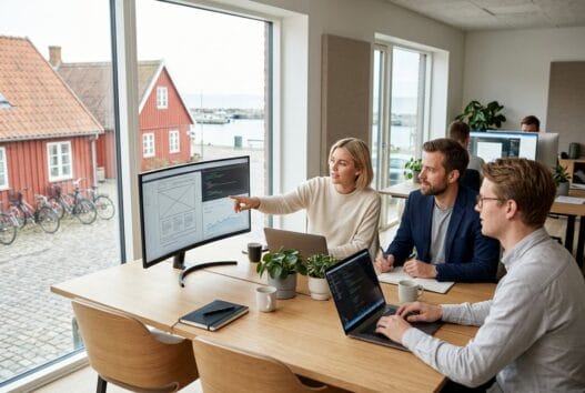 Skandinavisk team arbejder med webdesign og digitale dashboards i snogebæk kontormiljø