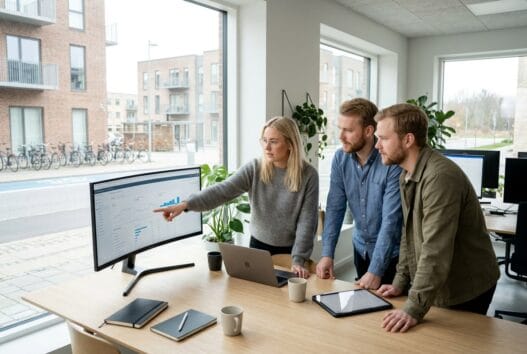 Dansk webbureau i Søborg med team ved computer og digitale dashboards i moderne kontor