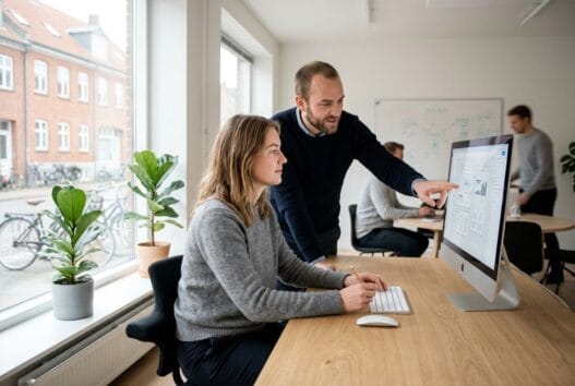 Moderne webbureau i søby (8543) med dansk team, der arbejder ved computer i lyst kontormiljø