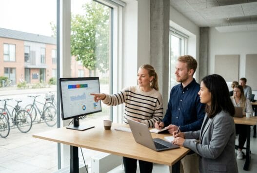 Moderne webbureau i Søften med dansk team, der arbejder ved computer med digitale dashboards