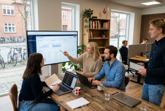 Moderne webbureau i søllested med dansk team foran skærme og digitale løsninger