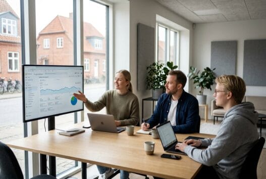 Skandinavisk webbureau i Søllinge med team, der arbejder ved computere i et moderne kontor