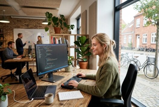 To personer arbejder ved en computer i et moderne kontor i sønder bjert med fokus på webdesign og digital strategi