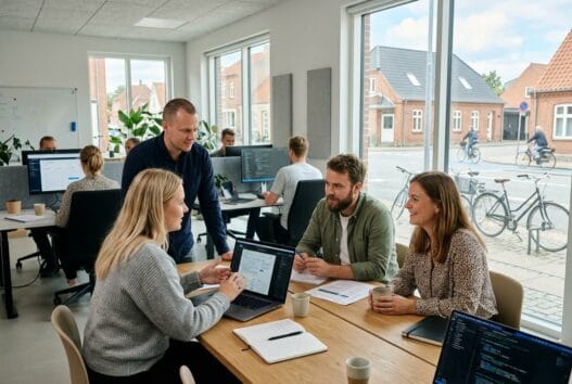 Moderne webbureau i Sønder Felding med dansk team ved computer og dashboards