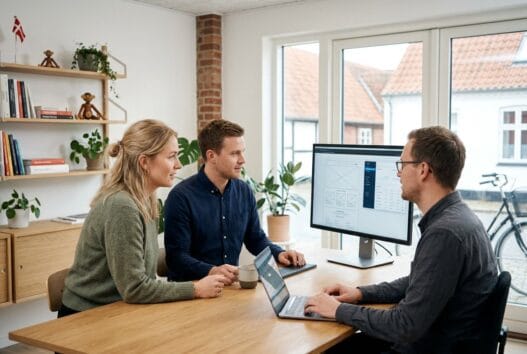 Skandinavisk webbureau i Sønder Hygum med team ved computer og digitale dashboards