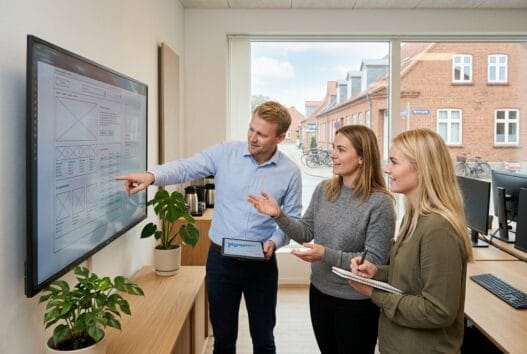 Team arbejder med webdesign og SEO i et moderne kontor i Sønder Nissum