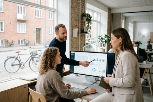 Dansk webbureau i Sønder Omme med team ved computer og digitale dashboards