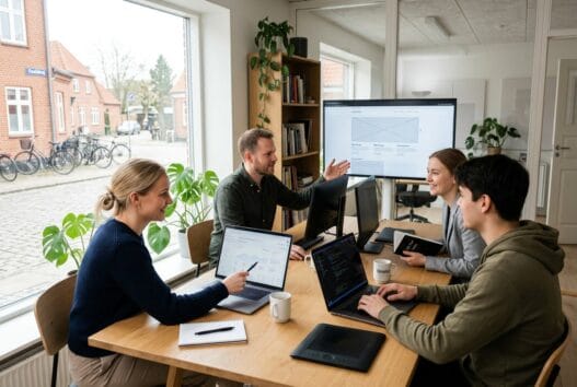 Moderne dansk webbureau i Sønder Onsild med team ved computere og digitale dashboards