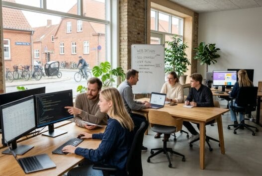 Dansk webbureau i sønder rind med team ved computer og digitale dashboards