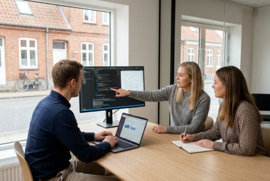 Dansk webbureau i Sønder Sejerslev med team ved computer og digitale dashboards i moderne kontor