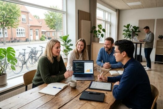 Skandinavisk webbureau i Sønder Stenderup med team ved computer og digitale dashboards