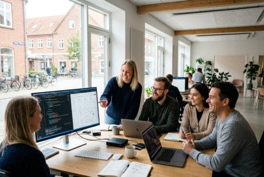 Dansk webbureau i Sønder Vilstrup med team ved computere og digitale dashboards i moderne kontor