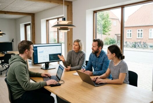 Moderne kontor med dansk webbureau i sønder vissing, hvor et team arbejder med digitale skærme og design