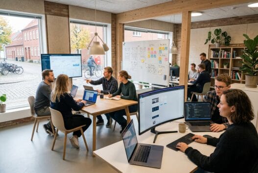 Dansk webbureau i Sønder Vium med team ved computer og digitale dashboards i moderne kontor