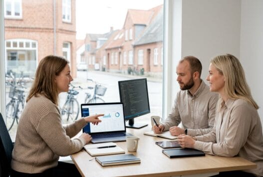 Skandinavisk webbureau i Sønderbæk med team foran computere og digitale dashboards