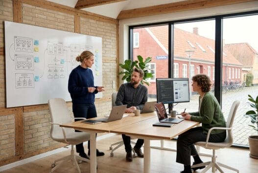 Danskt webbureau i Sønderho med team ved computer og digitale dashboards