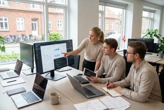 To personer arbejder ved en computer i et lyst webbureau i sørbymagle med fokus på digital udvikling