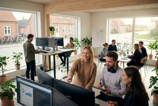 Skandinavisk webbureau i Søstrup med team ved computerskærme og digitale dashboards