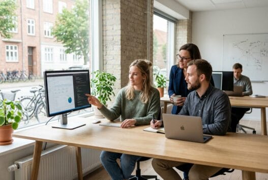 Moderne webbureau i søsum med dansk team, der arbejder med design, kode og digitale dashboards