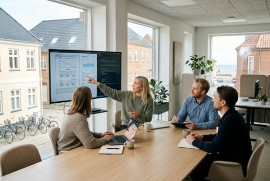 Skandinavisk webbureau i søvang med team, der arbejder med digitale løsninger ved computere