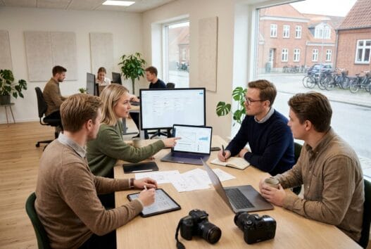 Moderne webbureau i Søvind med danske medarbejdere foran skærme og digitale dashboards