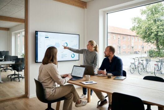 Dansk webbureau i Solbjerg med team ved computer og digitale dashboards
