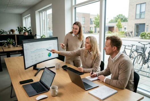 Moderne webbureau i Solrød med skandinavisk team, der arbejder med design, kode og digitale dashboards