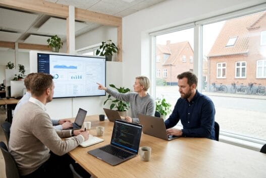 Skandinavisk webbureau i sommersted med team foran skærme og digitale dashboards