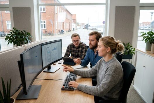 Skandinavisk webbureau i Sønderborg med team ved computer og digitale dashboards