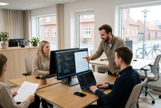 Skandinavisk team arbejder med webdesign og digitale dashboards på et moderne kontor i sorring
