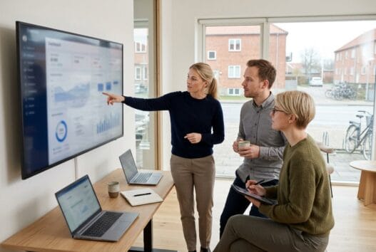 Moderne webbureau i sørup (9530) med danske medarbejdere ved computer og digitale dashboards