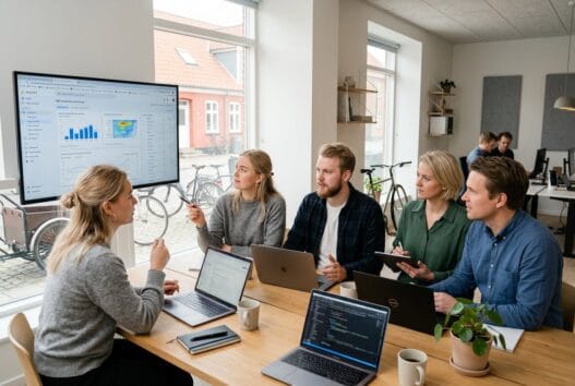 Dansk webbureau i Sørvad med team ved computer og dashboards i et moderne kontormiljø
