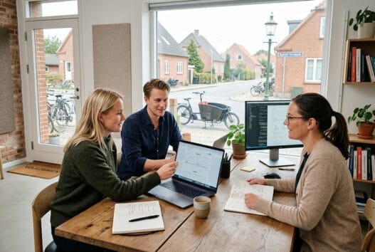 Dansk webbureau i Sparkær med team ved skærme og digitale dashboards i moderne kontor