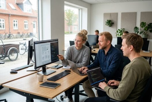 Moderne webbureau i Spjald med dansk team foran computer og digitale dashboards