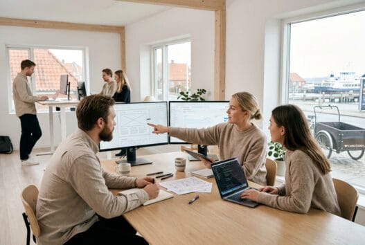 Moderne webbureau i Spodsbjerg med skandinavisk team ved computere i lyst kontormiljø