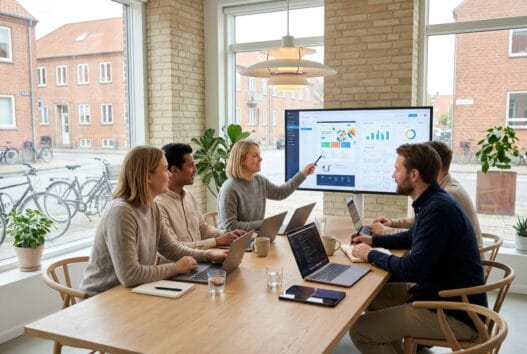 Moderne dansk webbureau i Spørring med team, der arbejder ved computere i et lyst kontormiljø