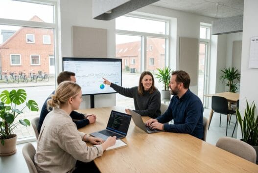 Moderne kontor med dansk webbureau i Staarup, hvor et team arbejder med digitale ydelser og dashboards