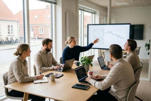 Moderne webbureau i staby med dansk team, der arbejder med design, kode og digitale dashboards
