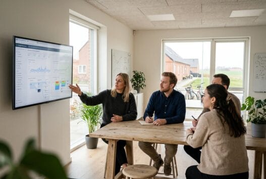 Dansk webbureau i stae med team ved computer og digitale dashboards i moderne kontormiljø