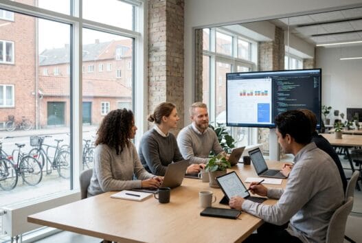Dansk team arbejder med webdesign og SEO i et moderne starup-kontor