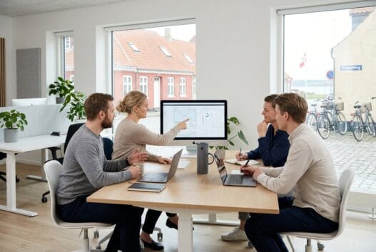Realistisk team i stauning arbejder med webdesign, SEO og digitale løsninger på et moderne kontor