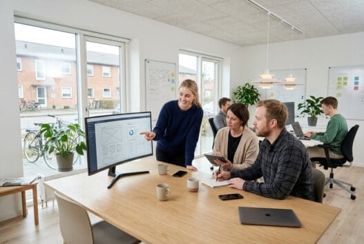 Skandinavisk webbureau i Stavtrup med team ved computer og digitale dashboards i moderne kontor