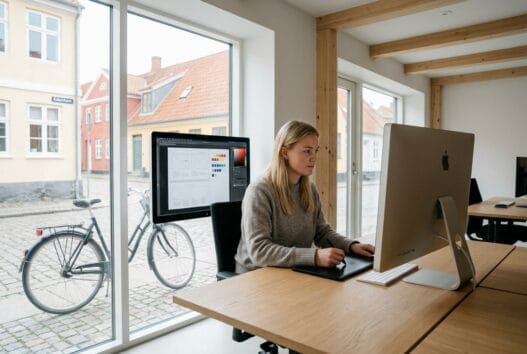 Skandinavisk team arbejder med webdesign og data på kontor i Stege