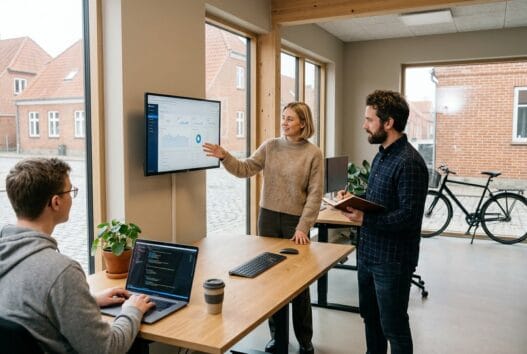 Moderne webbureau i Stenderup (7200) med dansk team foran skærme og digitale dashboards