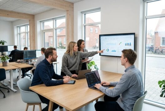 Moderne webbureau i Stenderup (8781) med team foran computer og digitale dashboards