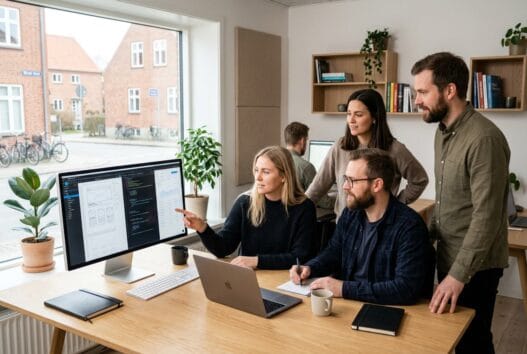 Dansk webbureau i Stenild med team ved computer og dashboards i moderne kontormiljø