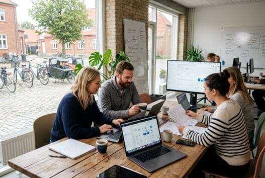 Moderne webbureau i Stenlille med skandinavisk team foran dashboards og kode på kontoret