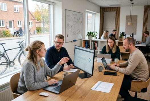 Dansk team arbejder med webdesign og SEO i et moderne kontor i Stenloese