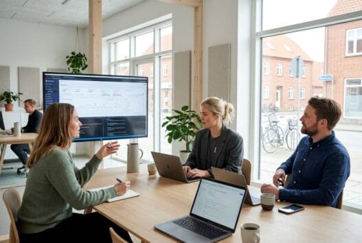 Dansk webbureau i Stenstrup med team ved computer og digitale dashboards