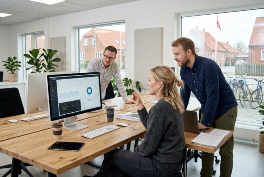 Dansk webbureau i Stensved med team ved computer og dashboards i moderne kontor